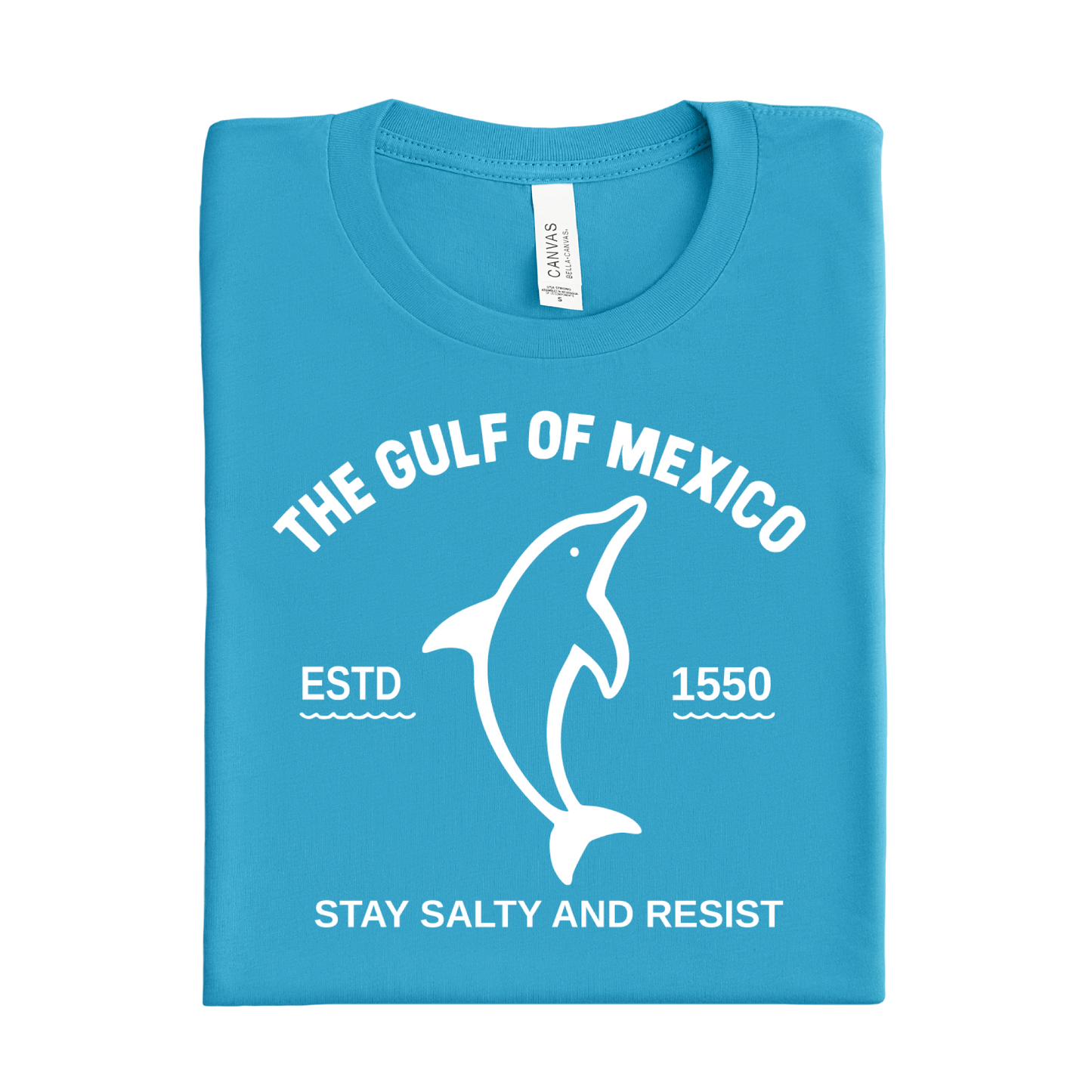 Folded aqua blue t-shirt with white text and dolphin graphic on a white background
