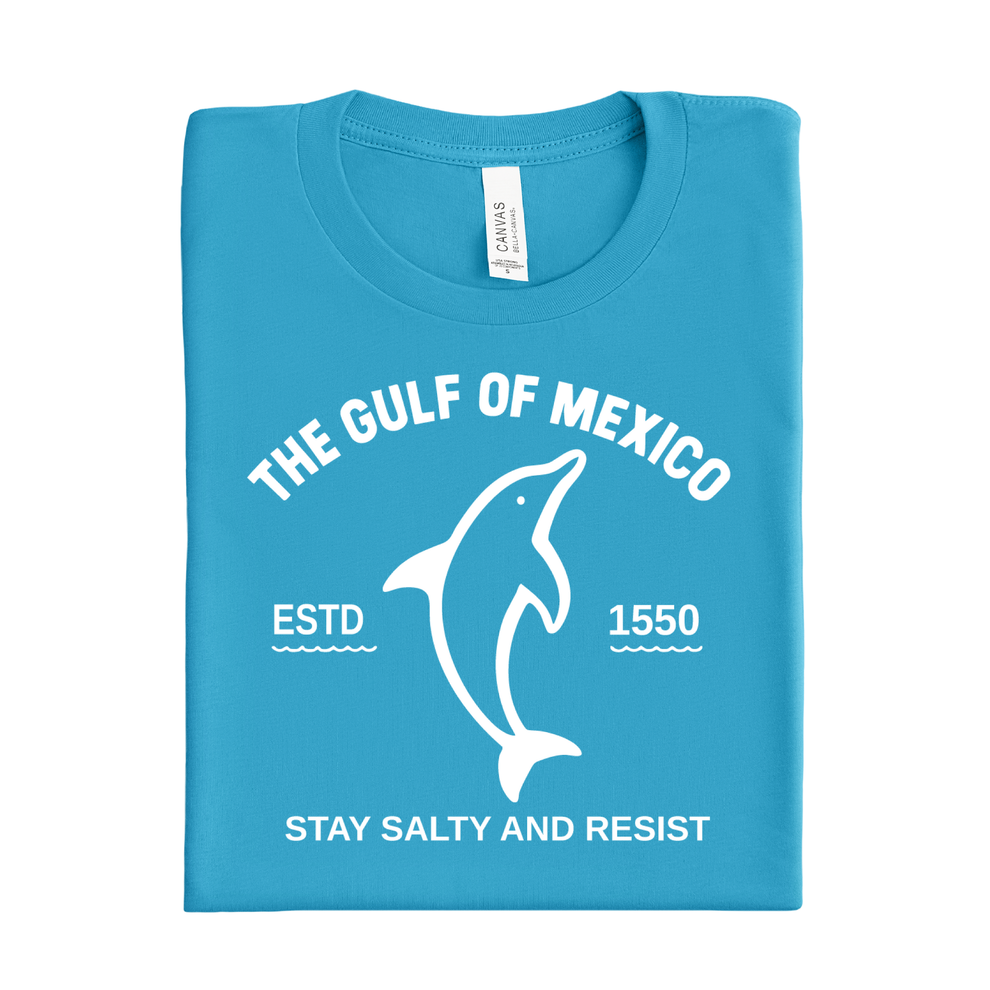 Folded aqua blue t-shirt with white text and dolphin graphic on a white background