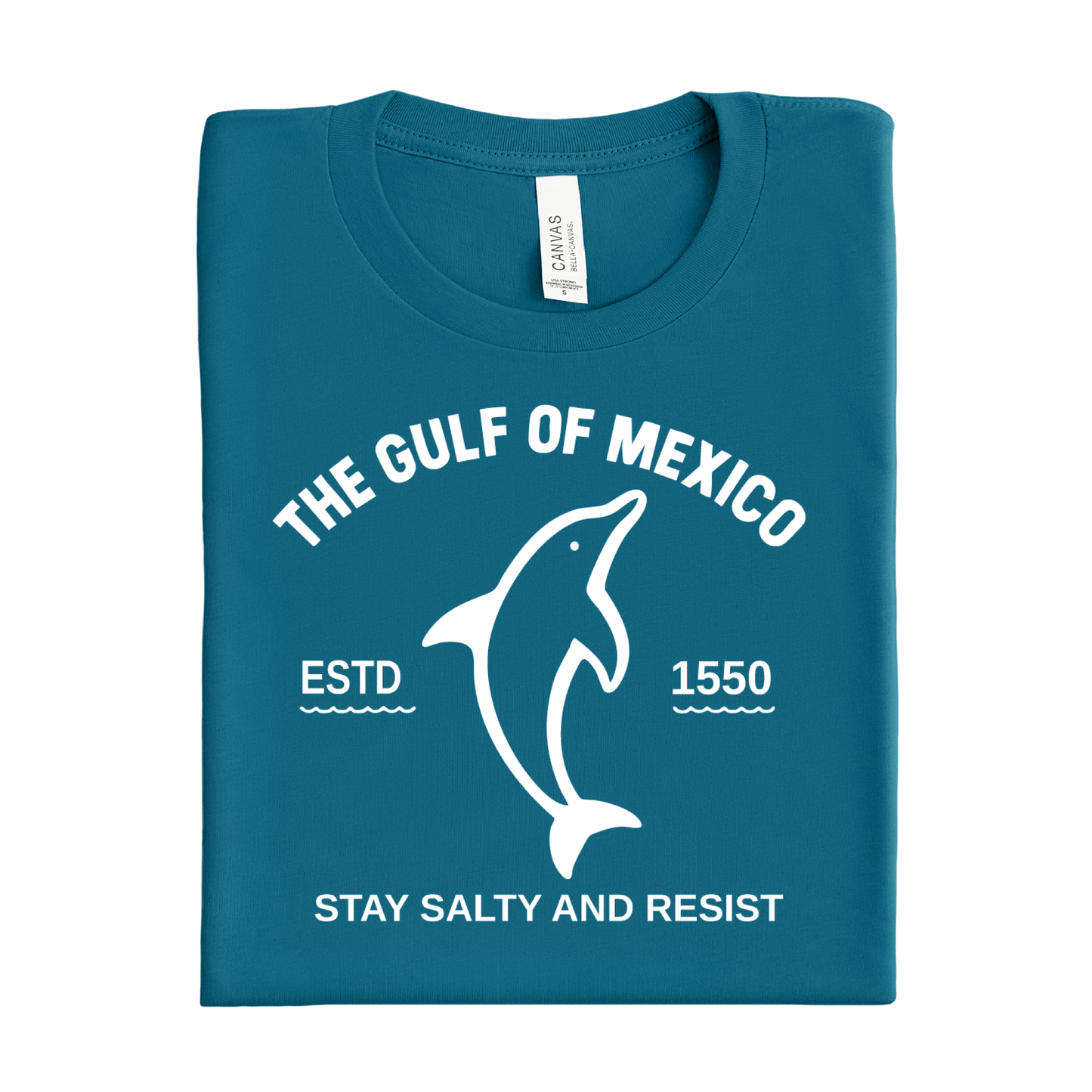 Folded deep teal t-shirt with white graphic and text on a white background
