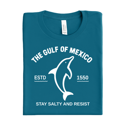 Folded deep teal t-shirt with white graphic and text on a white background