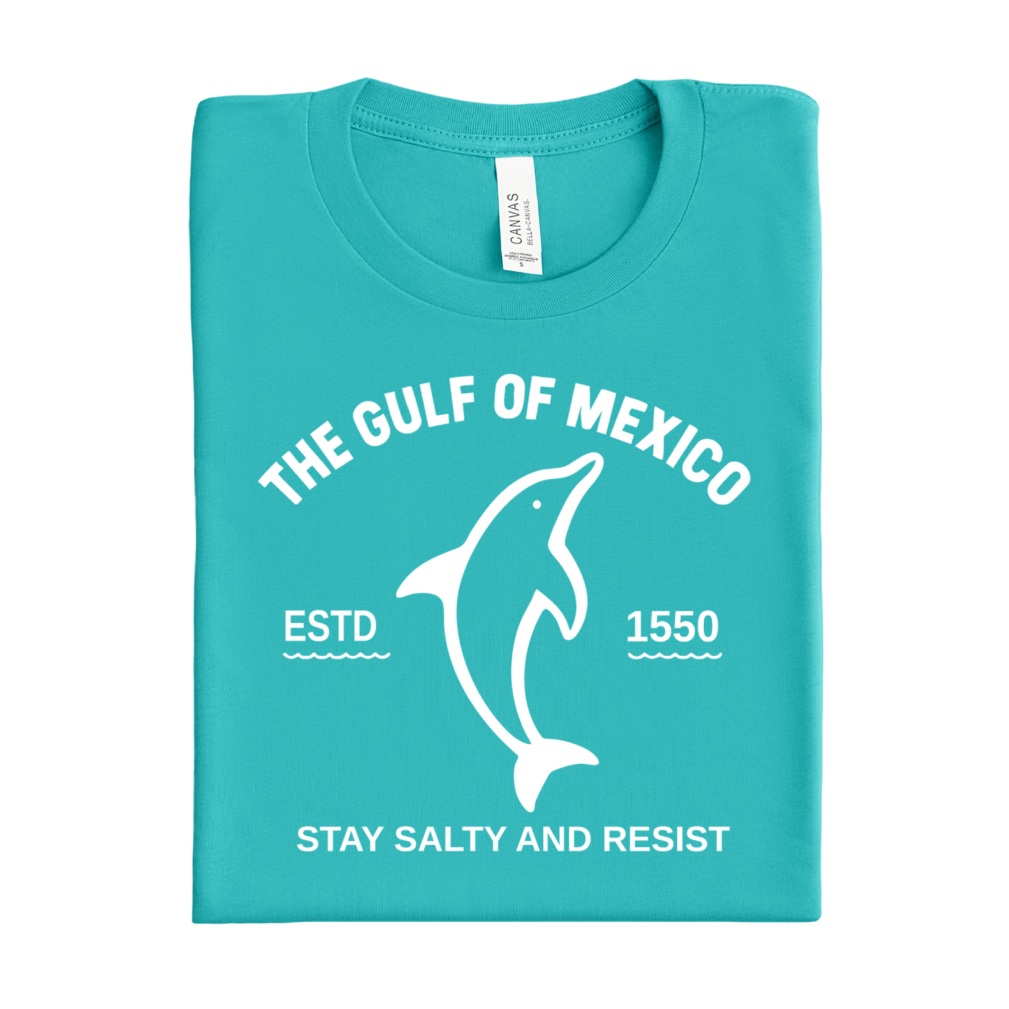 Folded teal t-shirt with white dolphin graphic and text on a white background