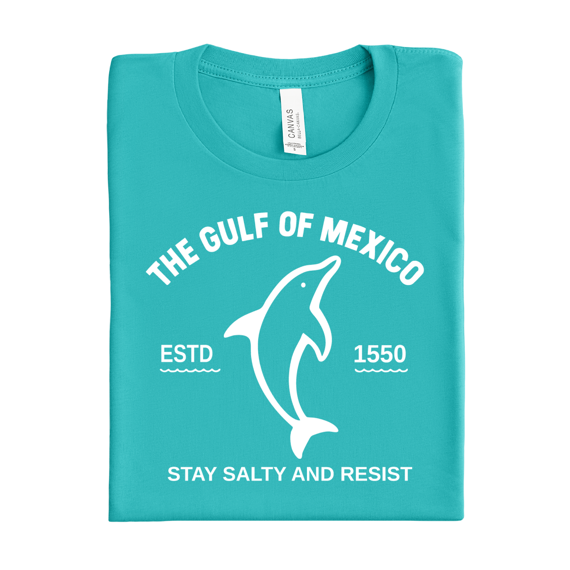 Folded teal t-shirt with white dolphin graphic and text on a white background
