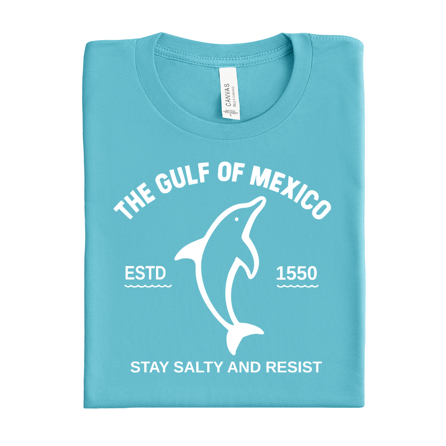 Folded turquoise t-shirt with white dolphin graphic and text on a white background