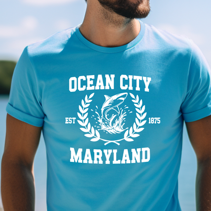 Aqua Blue t-shirt with 'Ocean City, Maryland' design featuring a fish and laurel wreath.