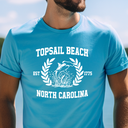 Aqua Blue t-shirt with 'Topsail Beach, North Carolina' design featuring a dolphin and laurel leaves.