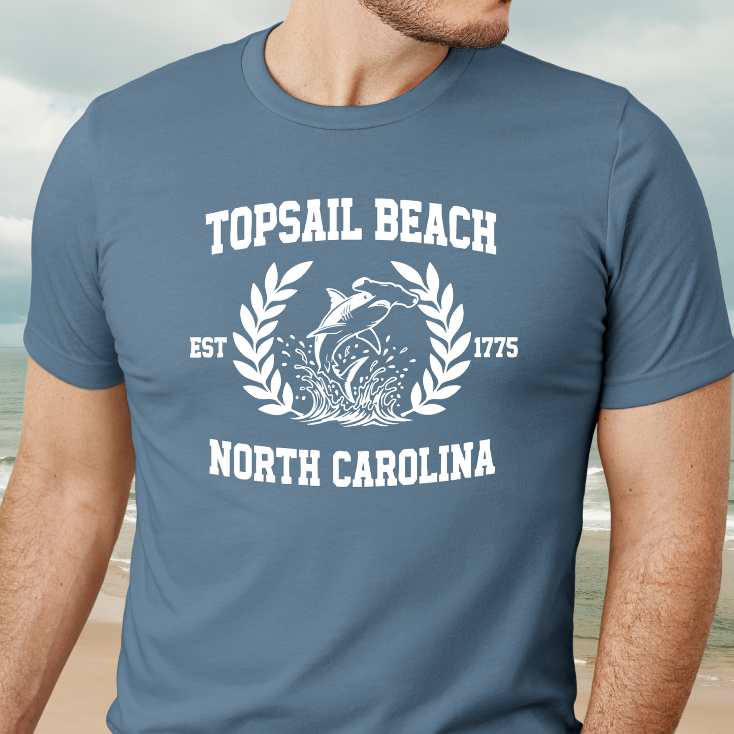 Steel Blue t-shirt with 'Topsail Beach, North Carolina' design on a beach background