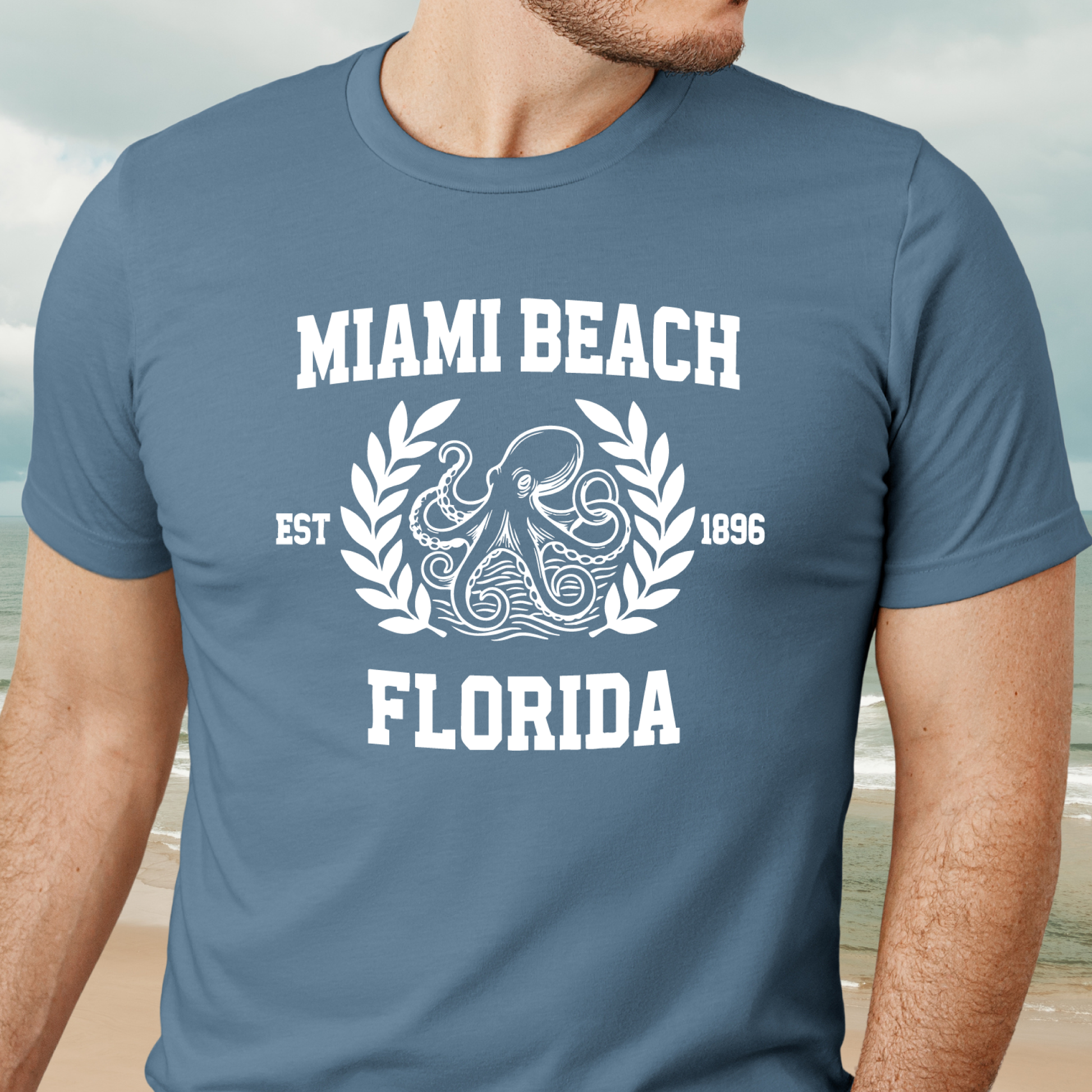 Steel Blue t-shirt with 'Miami Beach Florida' design on a beach background