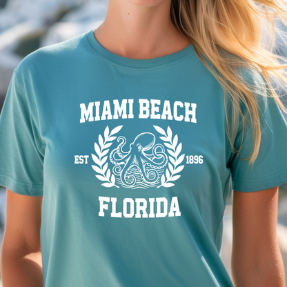 turquoise t-shirt with 'Miami Beach Florida' design featuring an octopus and laurel leaves.