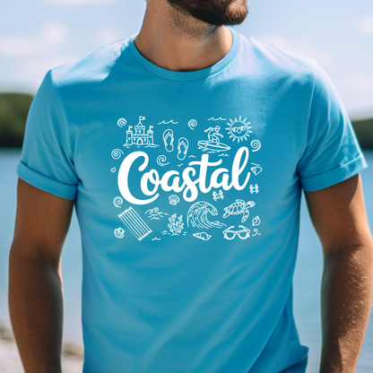 Person wearing a aqua blue t-shirt with 'Coastal' design outdoors