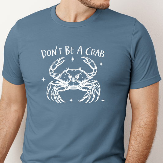Steel Blue t-shirt with a white crab graphic and text on a plain background
