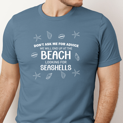 Blue steel t-shirt with beach-themed text and graphics on a plain background