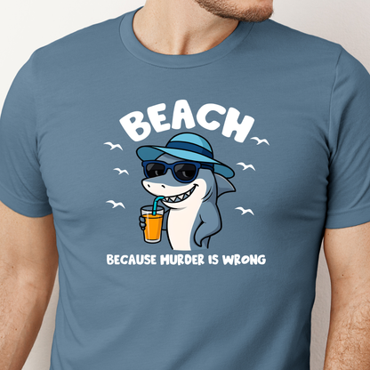 Blue steel t-shirt with a shark graphic and text on a plain background