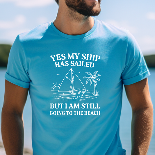 Person wearing a aqua blue t-shirt with a beach-themed design and text.