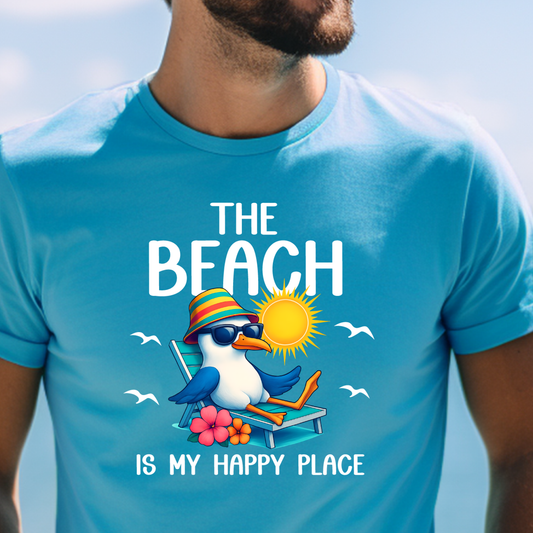Aqua Blue t-shirt with beach-themed design and text, featuring a cartoon pelican and sun.