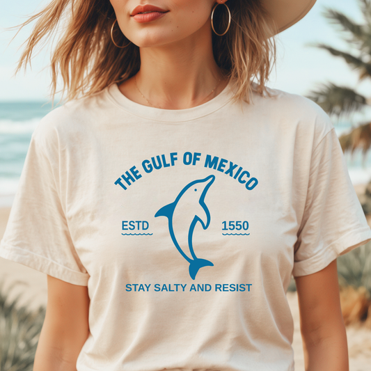 Person wearing a t-shirt with 'The Gulf of Mexico' design and text.