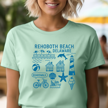 Person wearing a light green t-shirt with Rehoboth Beach, Delaware graphics and text.