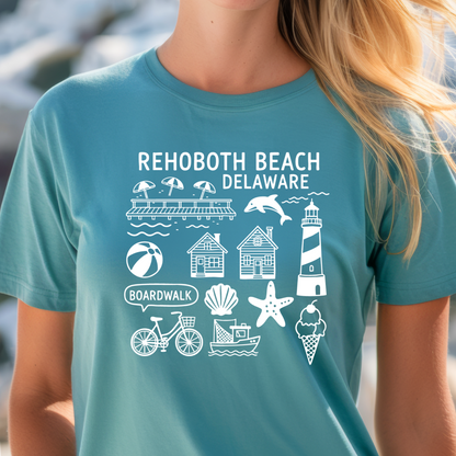 Person wearing a  turquoise t-shirt with Rehoboth Beach, Delaware graphics.