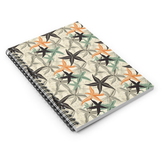 The Tropical Starfish Spiral Notebook features a compact, spiral-bound design with abstract starfish patterns in orange, green, and black on a beige cover. Its perfect for combining style with practicality.