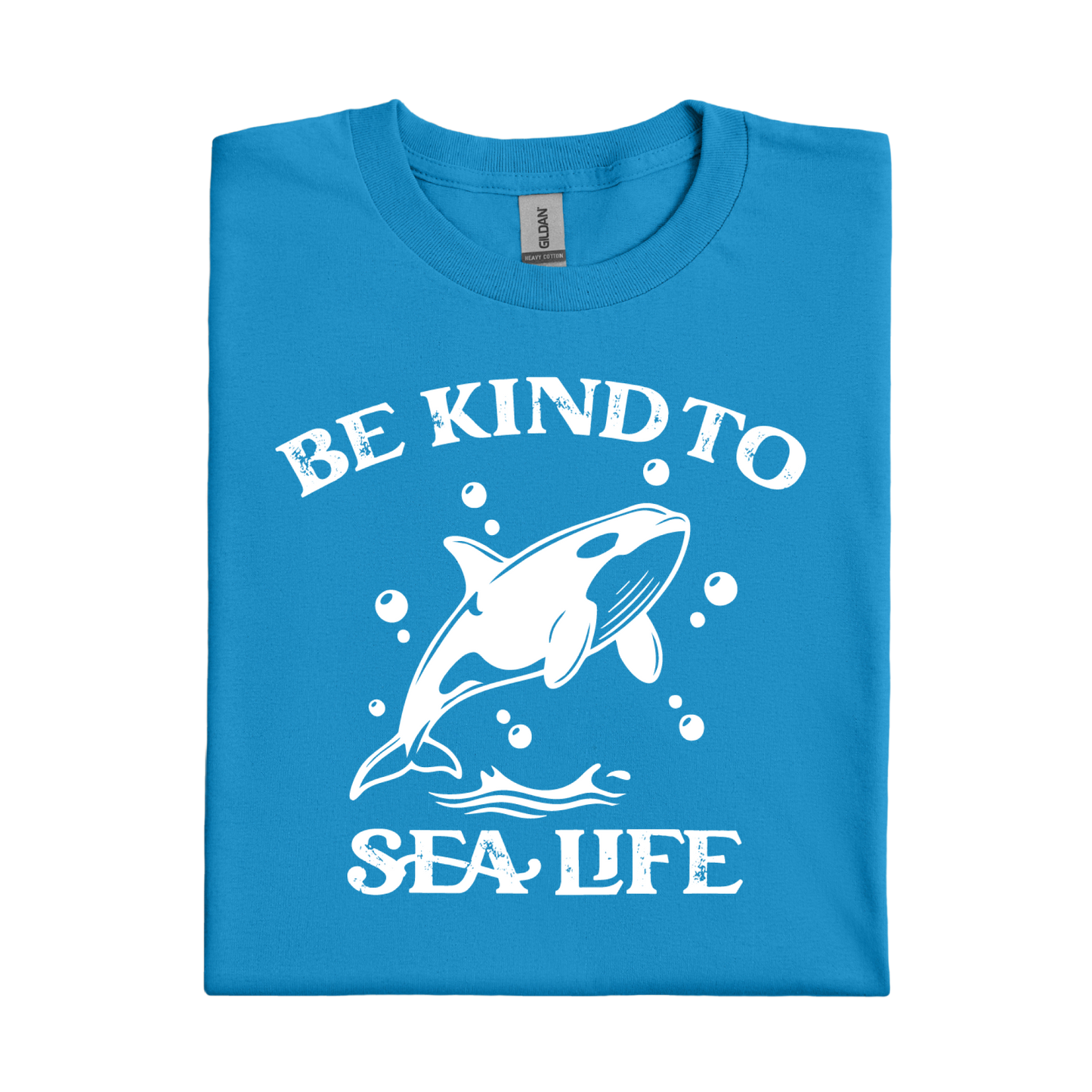 sapphire Blue t-shirt with white text and whale graphic on a white background