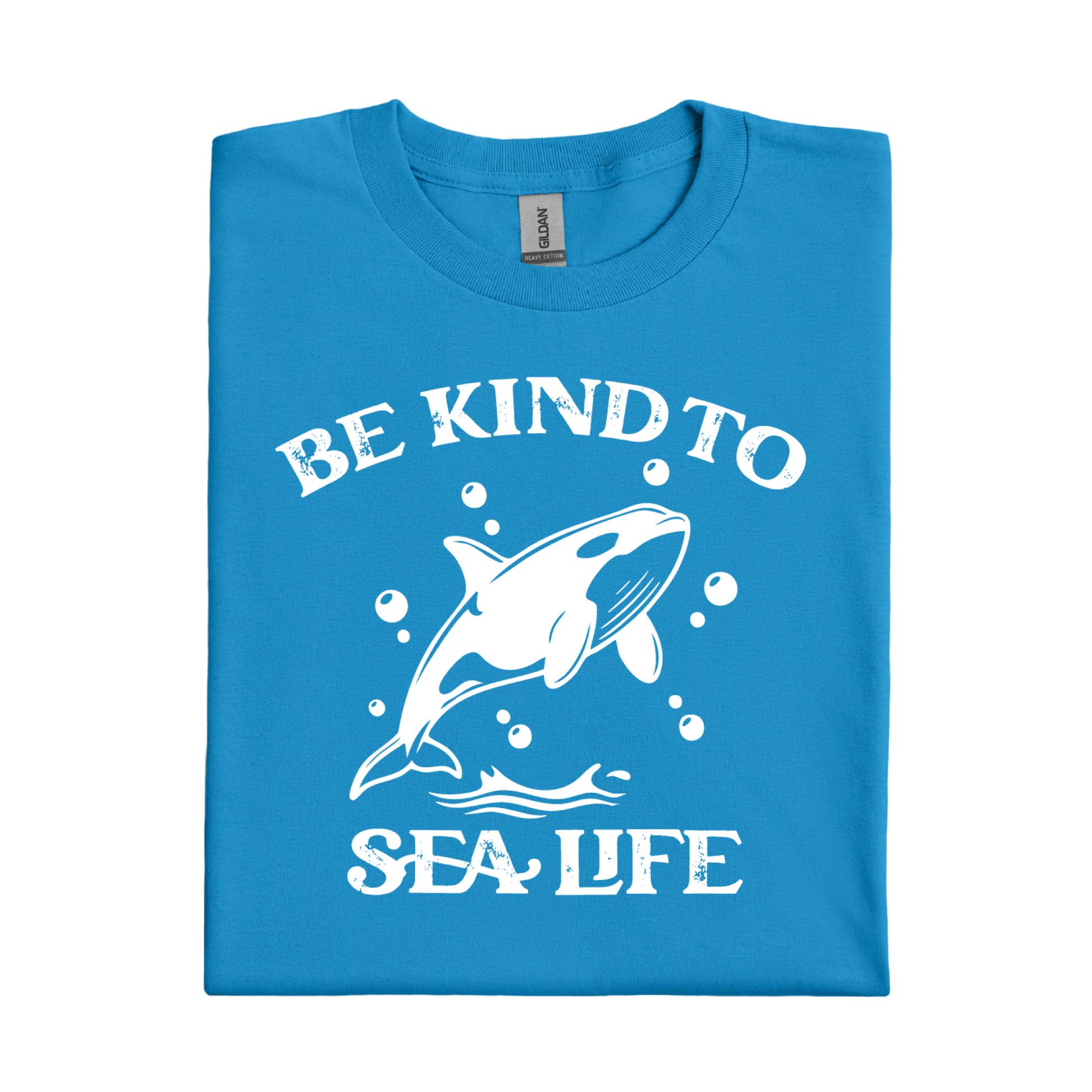 sapphire Blue t-shirt with white text and whale graphic on a white background