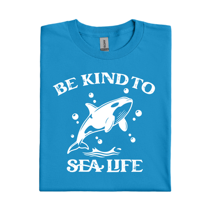 sapphire Blue t-shirt with white text and whale graphic on a white background