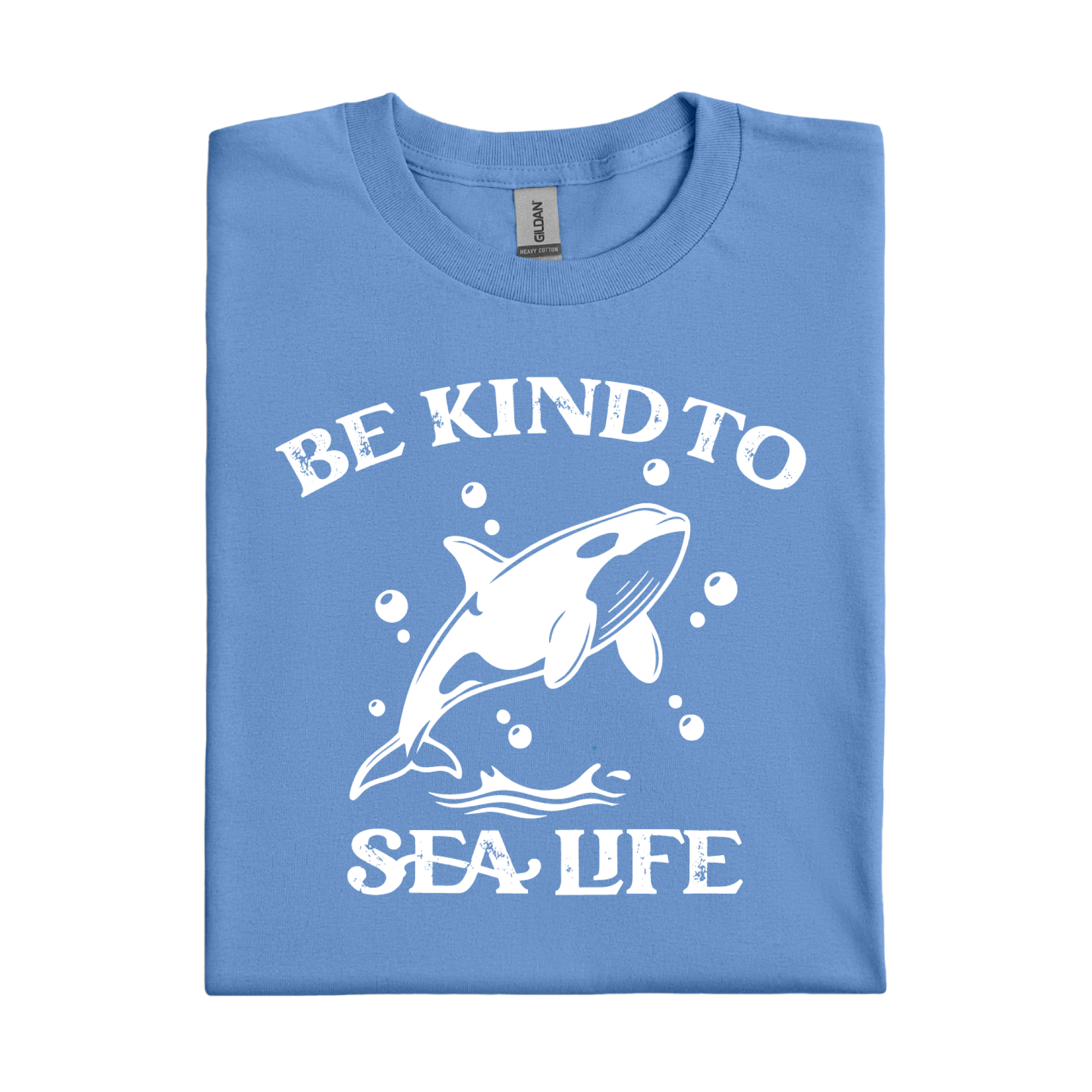 Folded Carolina blue t-shirt with white orca and text design on a white background