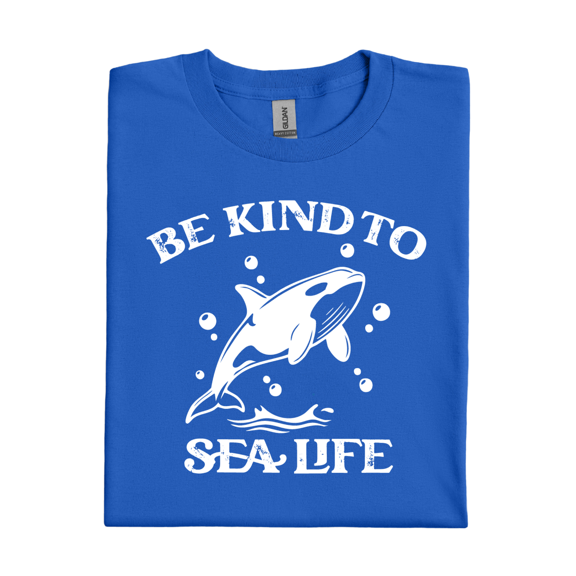 Royal Blue t-shirt with a white whale graphic and text 'Be Kind to Sea Life' on a white background
