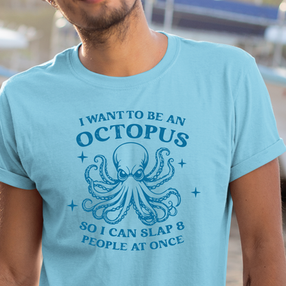 Person wearing a sky blue t-shirt with an octopus graphic and text.