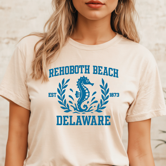 Person wearing a t-shirt with 'Rehoboth Beach, Delaware' design featuring a seahorse.