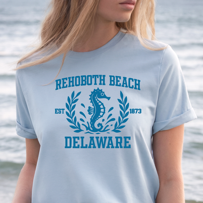 Person wearing a light blue t-shirt with Rehoboth Beach, Delaware design.