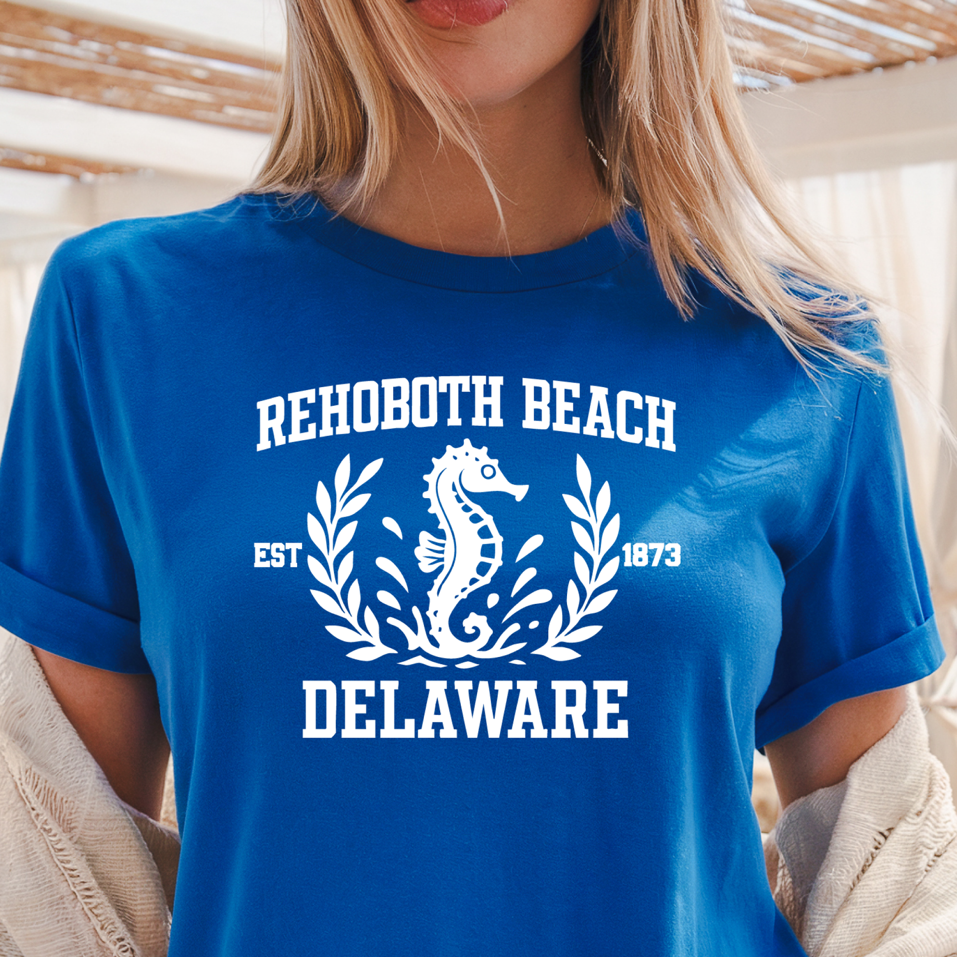Royal Blue t-shirt with Rehoboth Beach, Delaware design featuring a seahorse.