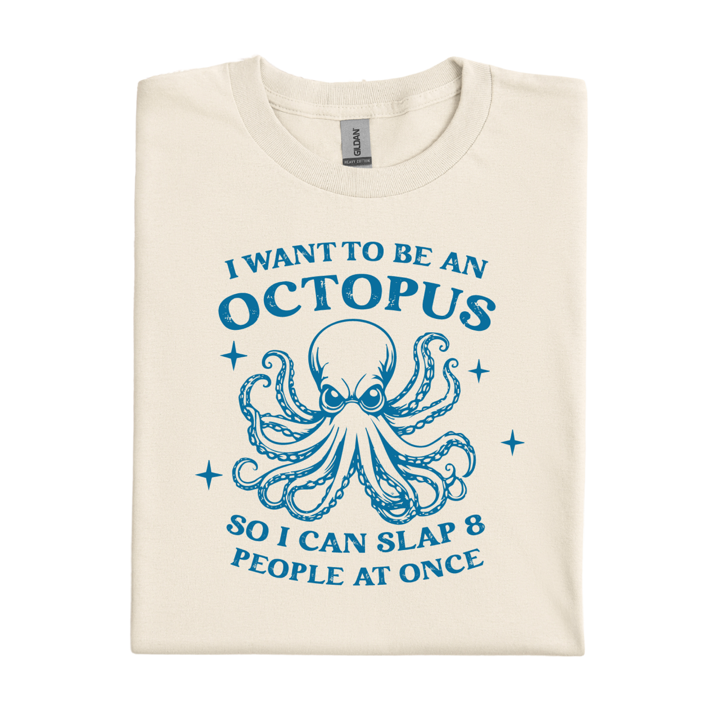 Natural t-shirt with blue octopus graphic and text on a white background