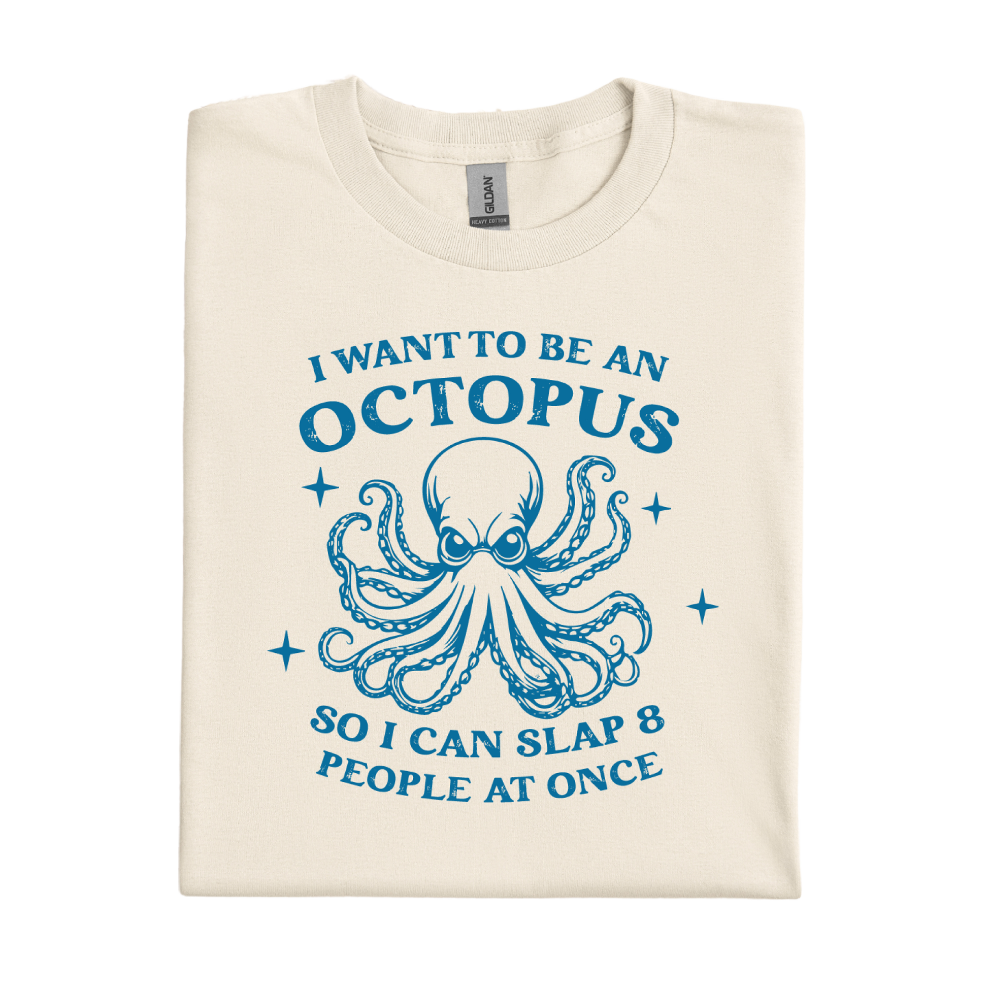 Natural t-shirt with blue octopus graphic and text on a white background