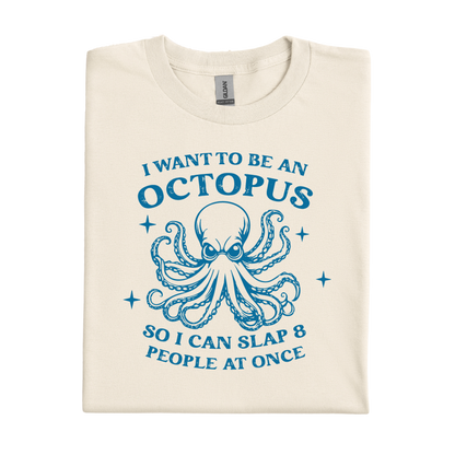 Natural t-shirt with blue octopus graphic and text on a white background