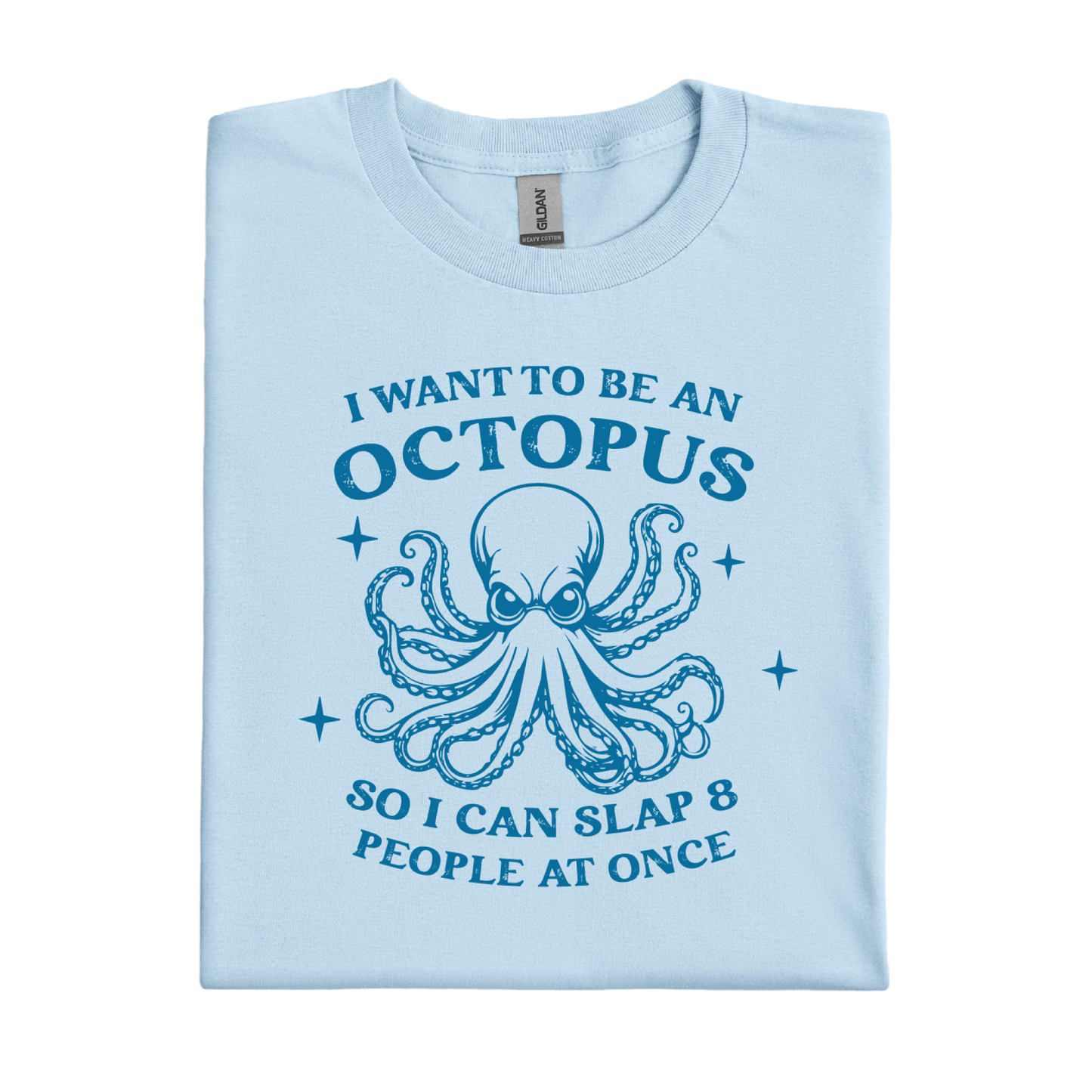 Light blue t-shirt with an octopus graphic and text on a white background