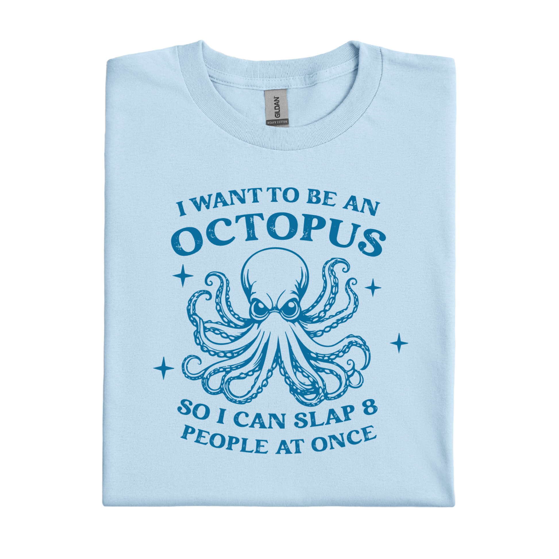 Light blue t-shirt with an octopus graphic and text on a white background