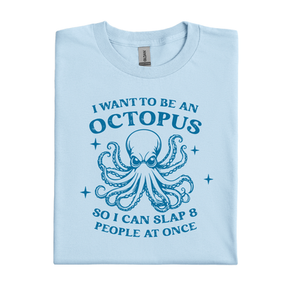 Light blue t-shirt with an octopus graphic and text on a white background