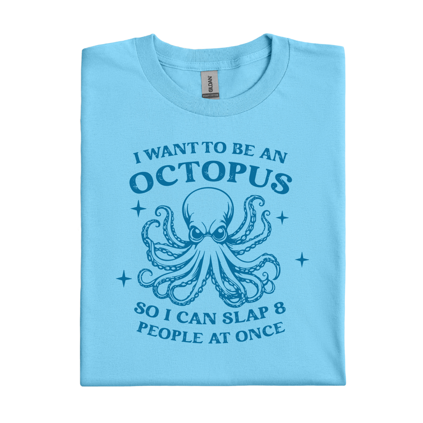 Sky blue t-shirt with an octopus graphic and text on a white background