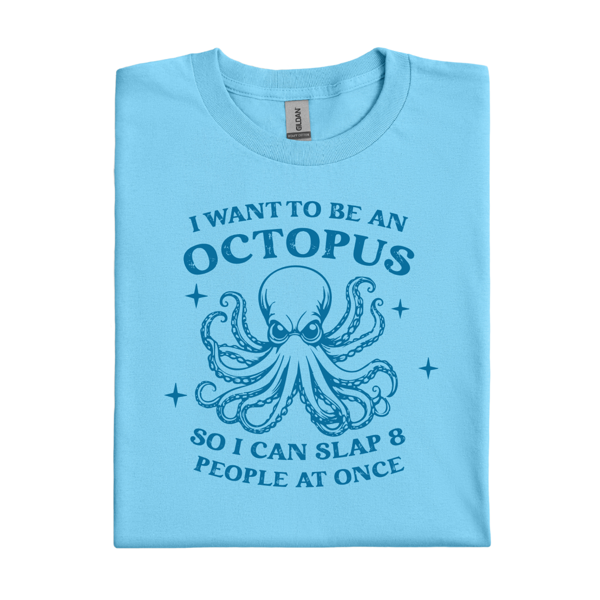 Sky blue t-shirt with an octopus graphic and text on a white background