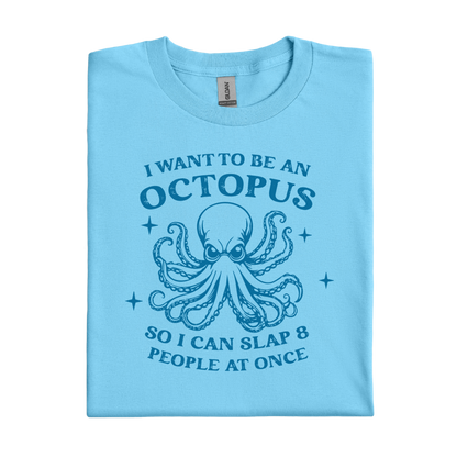 Sky blue t-shirt with an octopus graphic and text on a white background