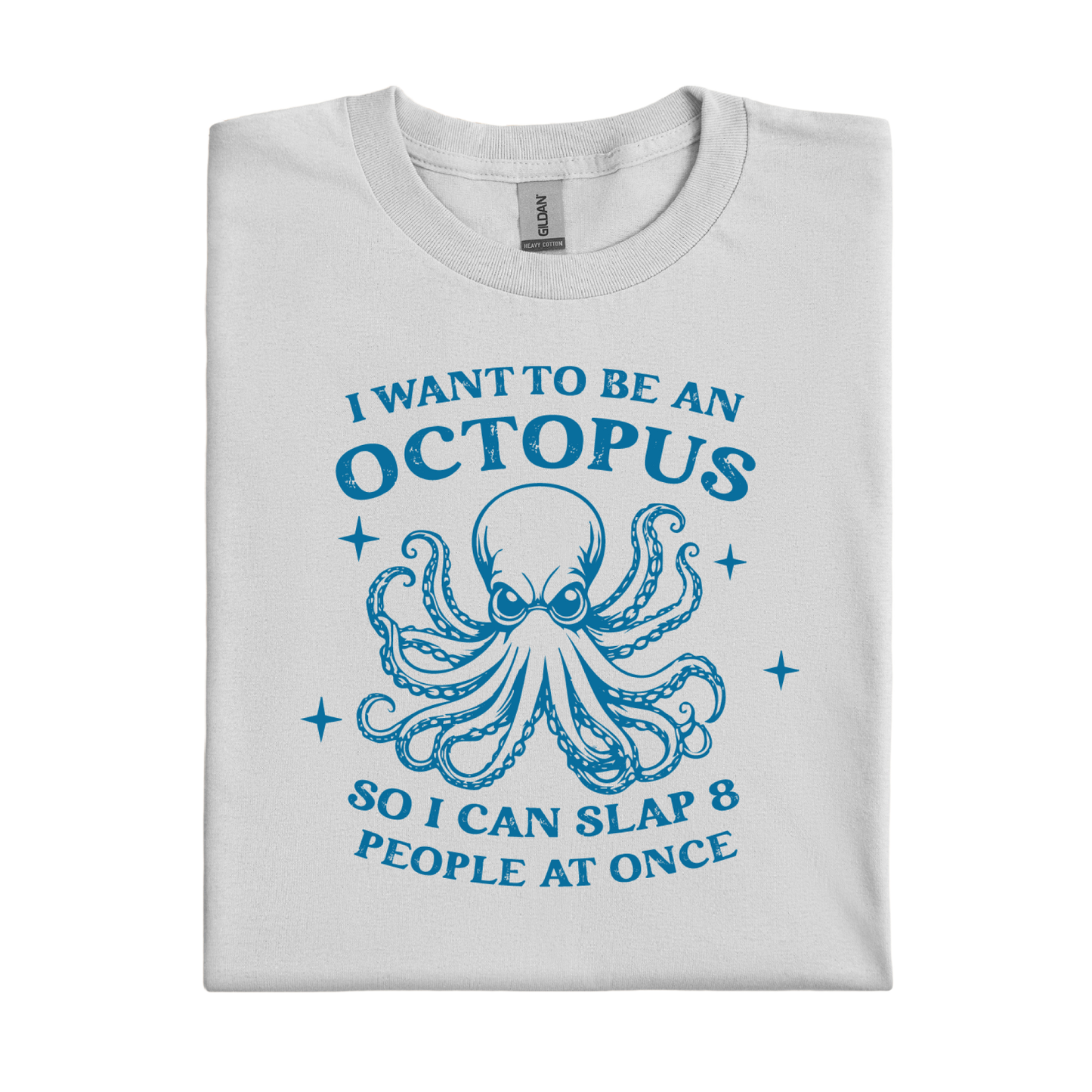 Ice Grey t-shirt with blue octopus graphic and text on a white background