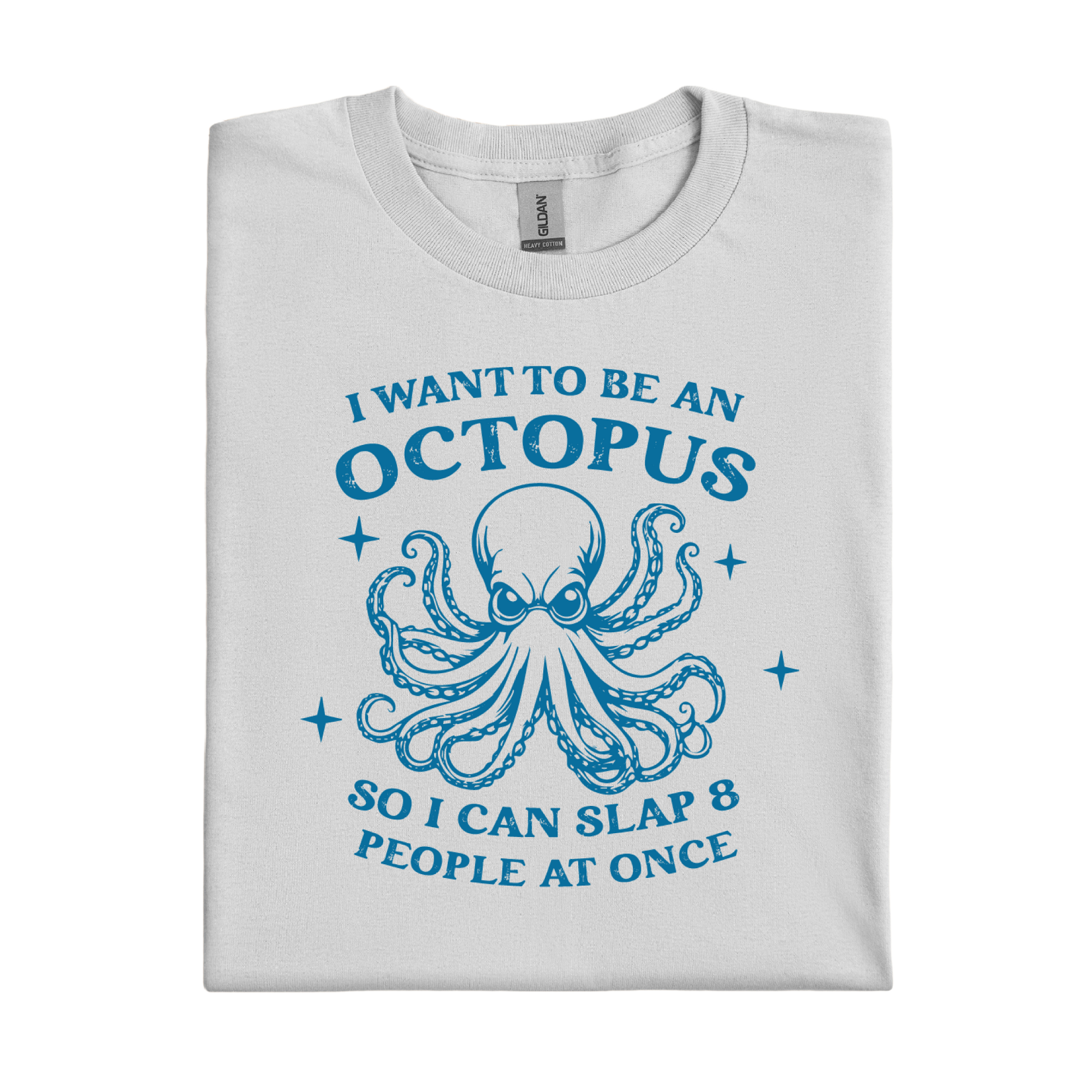 Ice Grey t-shirt with blue octopus graphic and text on a white background