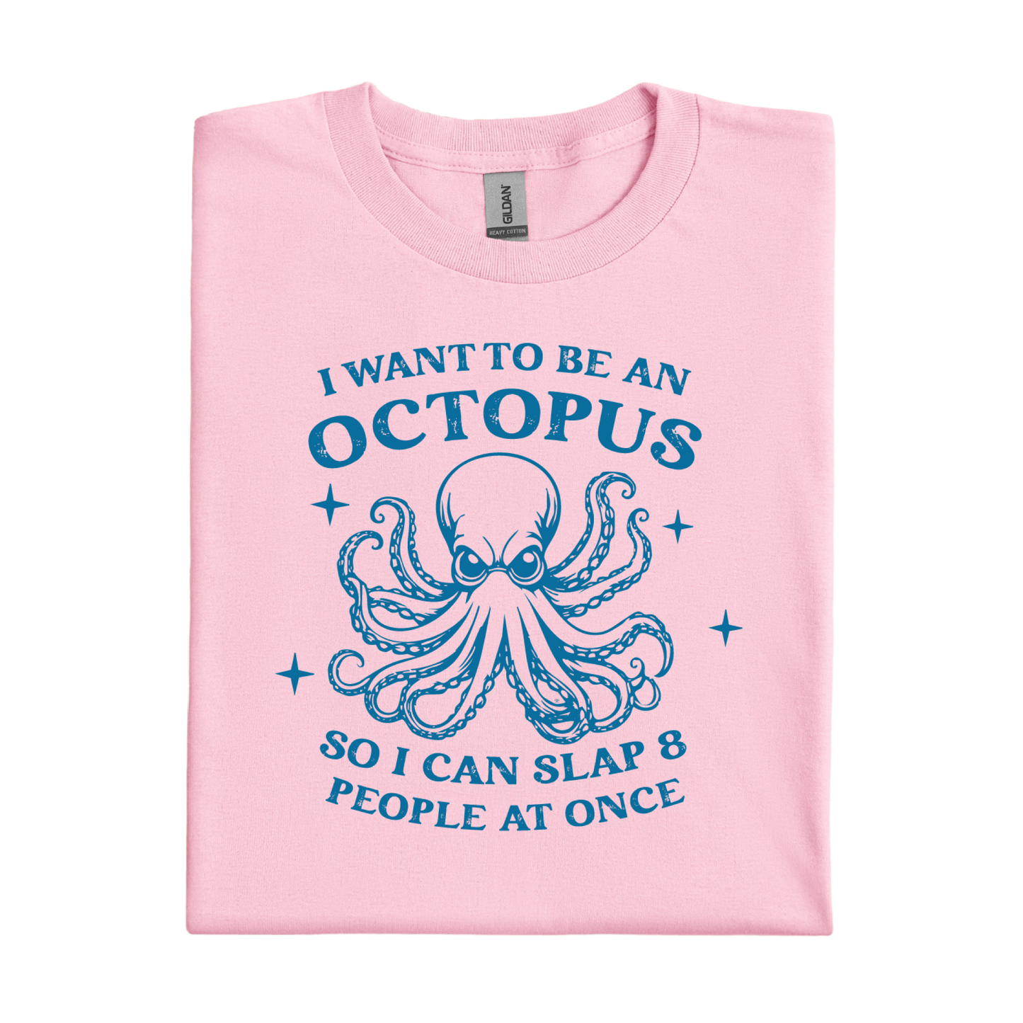 Light Pink t-shirt with blue octopus graphic and text on a white background
