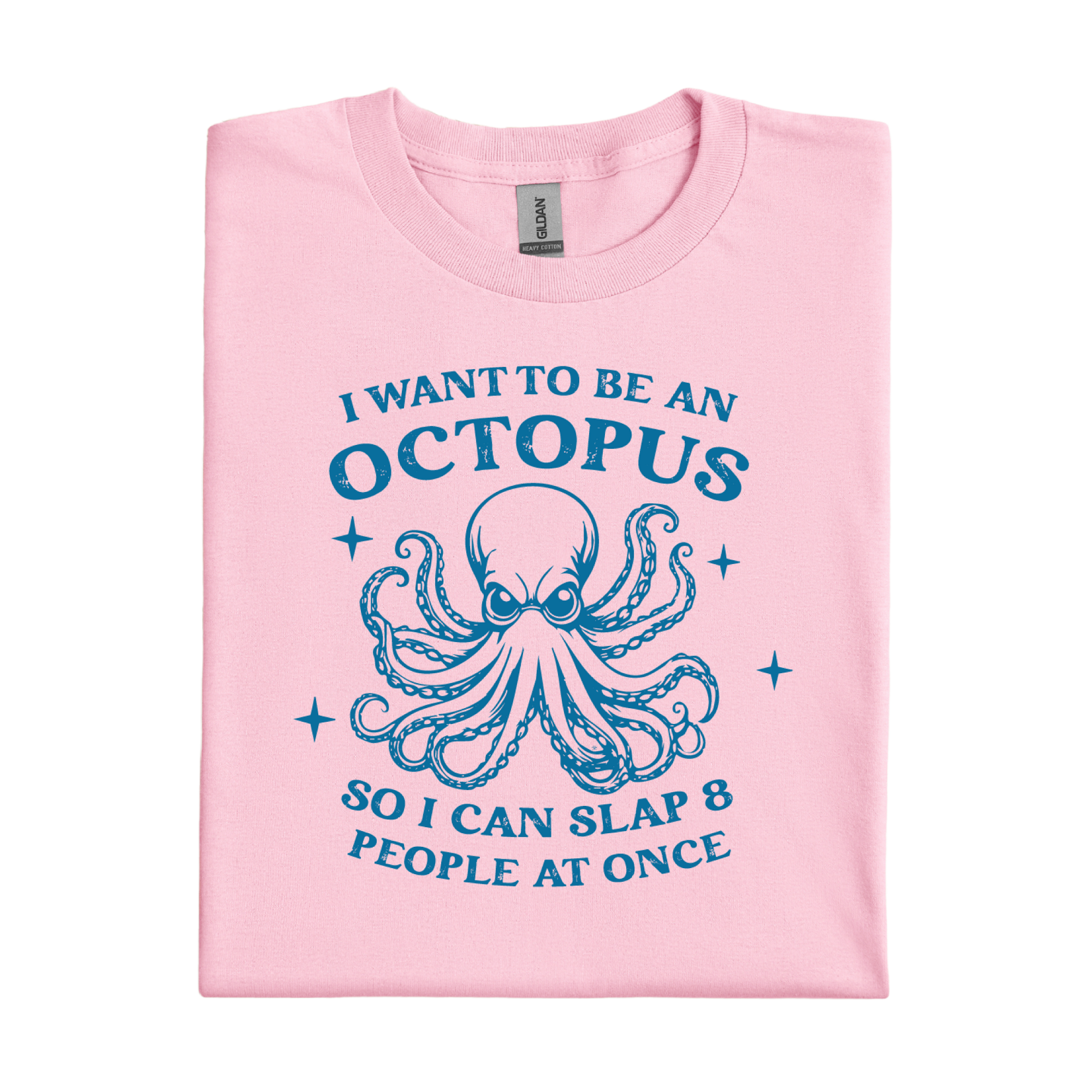 Light Pink t-shirt with blue octopus graphic and text on a white background