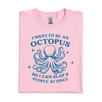 Light Pink t-shirt with blue octopus graphic and text on a white background