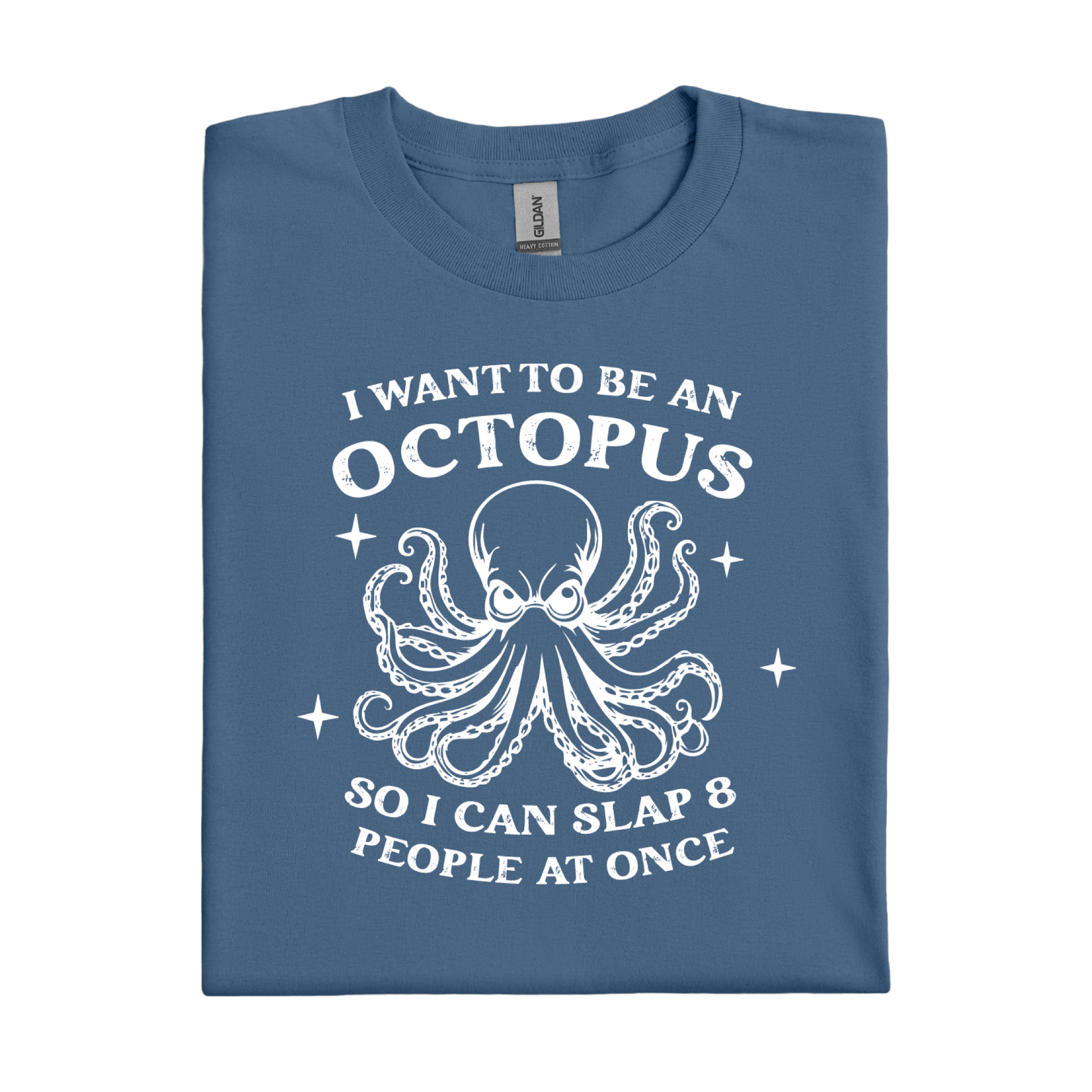 Indigo Blue t-shirt with white octopus graphic and text on a white background