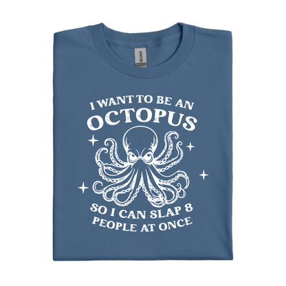 Indigo Blue t-shirt with white octopus graphic and text on a white background