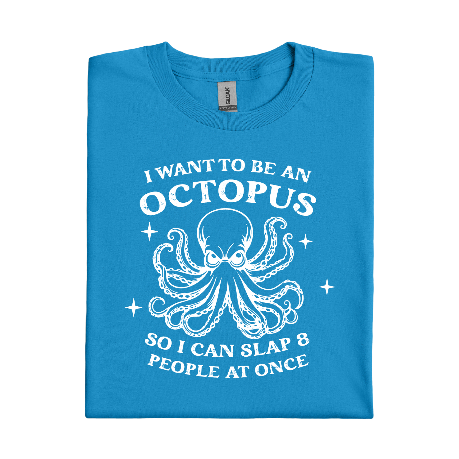 Sapphire Blue t-shirt with white octopus graphic and text on a white background