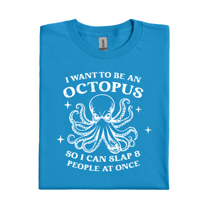 Sapphire Blue t-shirt with white octopus graphic and text on a white background