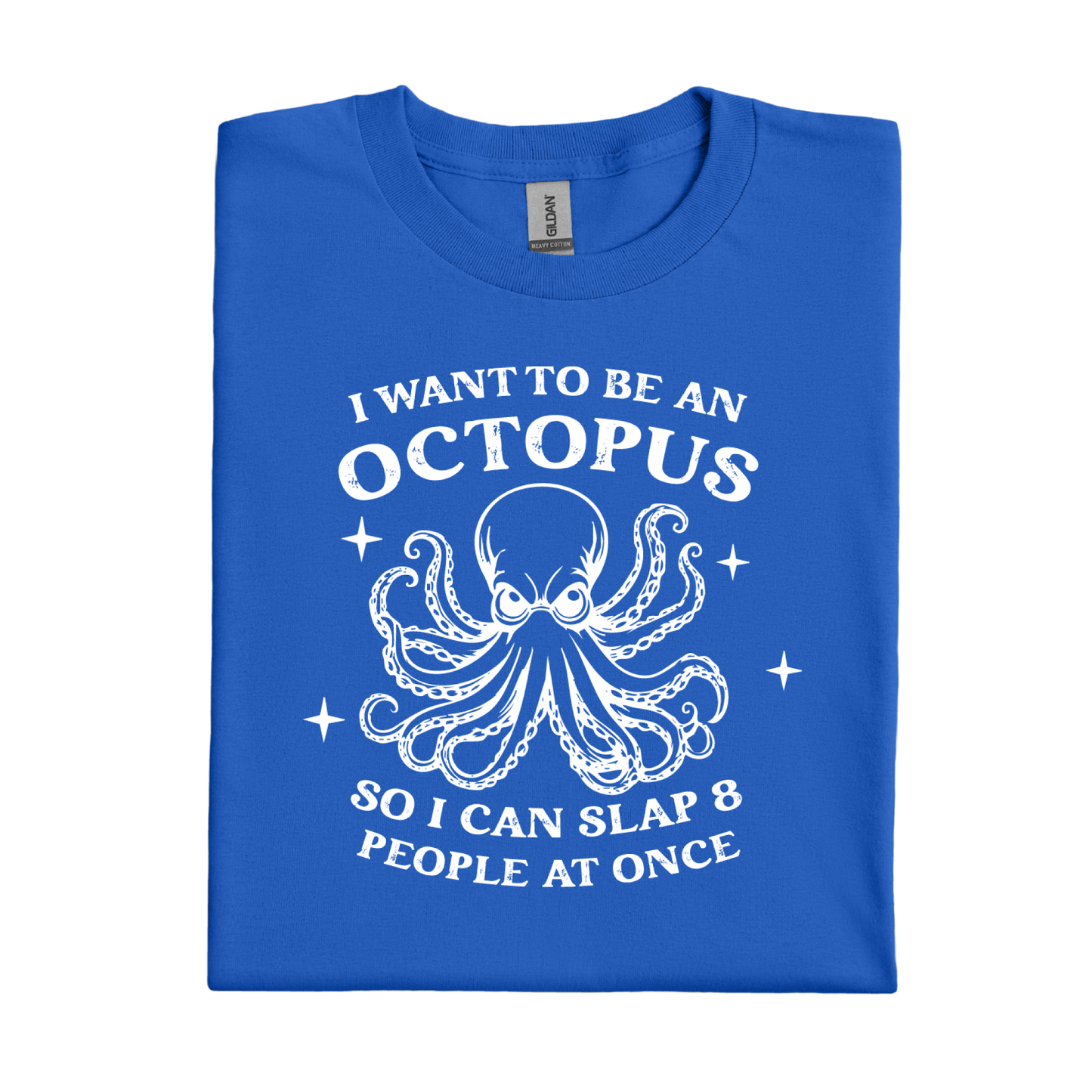 Royal Blue t-shirt with white octopus graphic and text on a white background